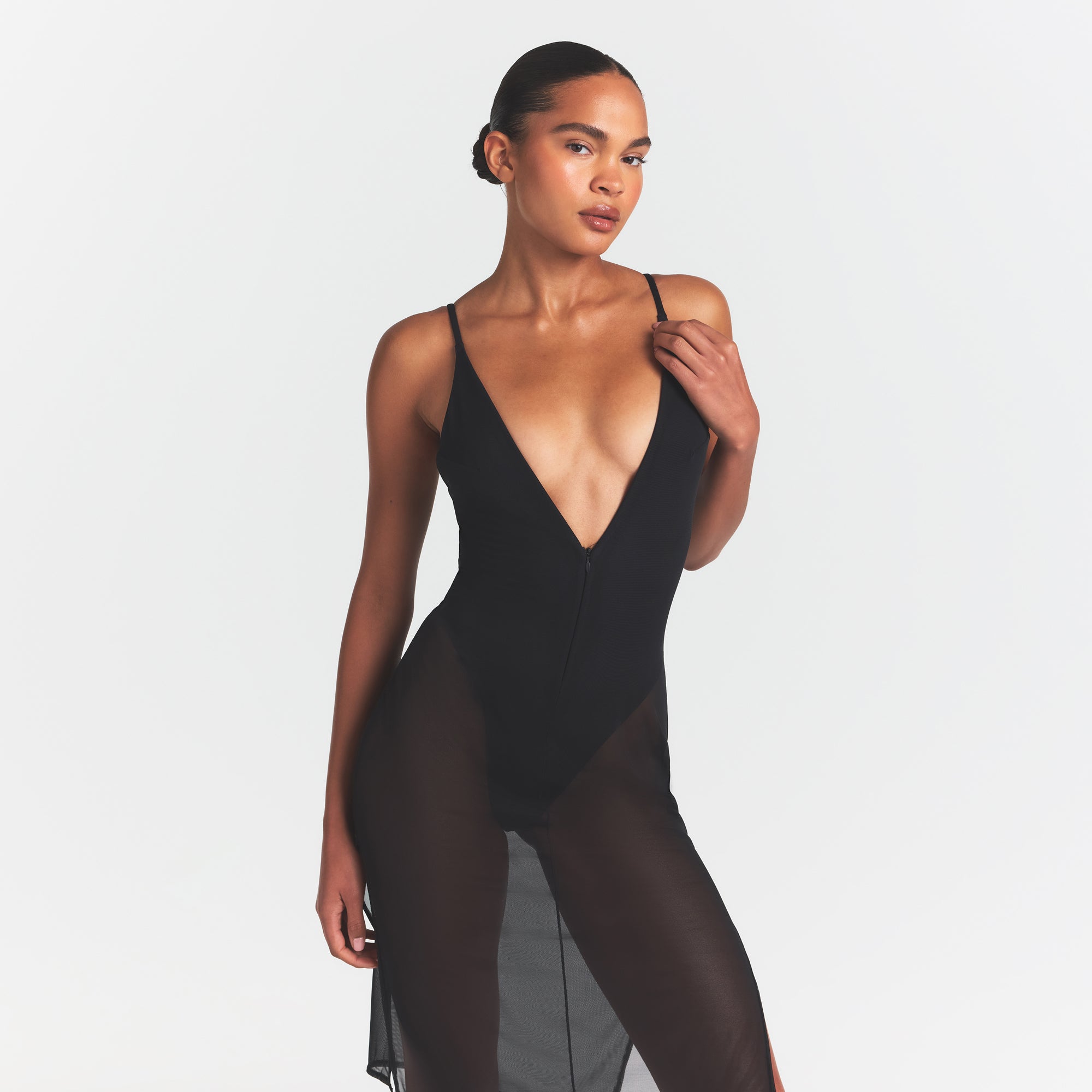 MESH PLUNGE MIDI DRESS