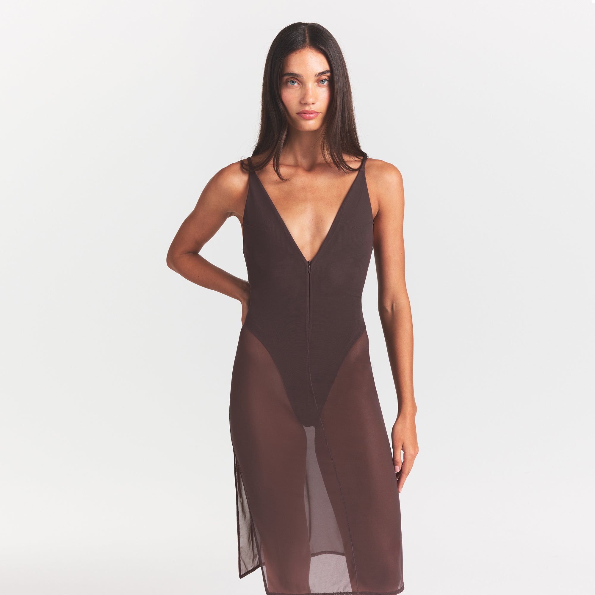 MESH PLUNGE MIDI DRESS