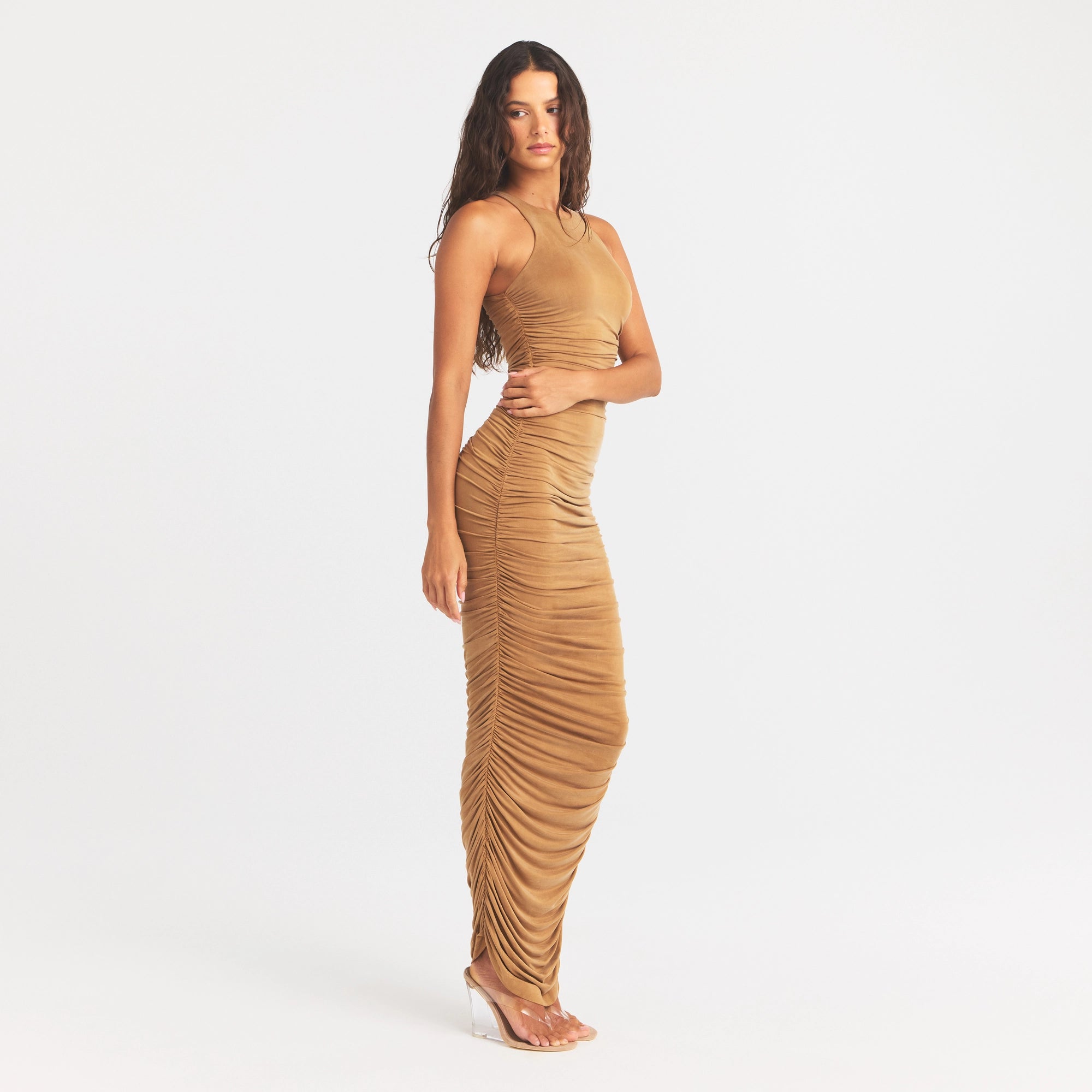 CUPRO JERSEY RUCHED LONG DRESS