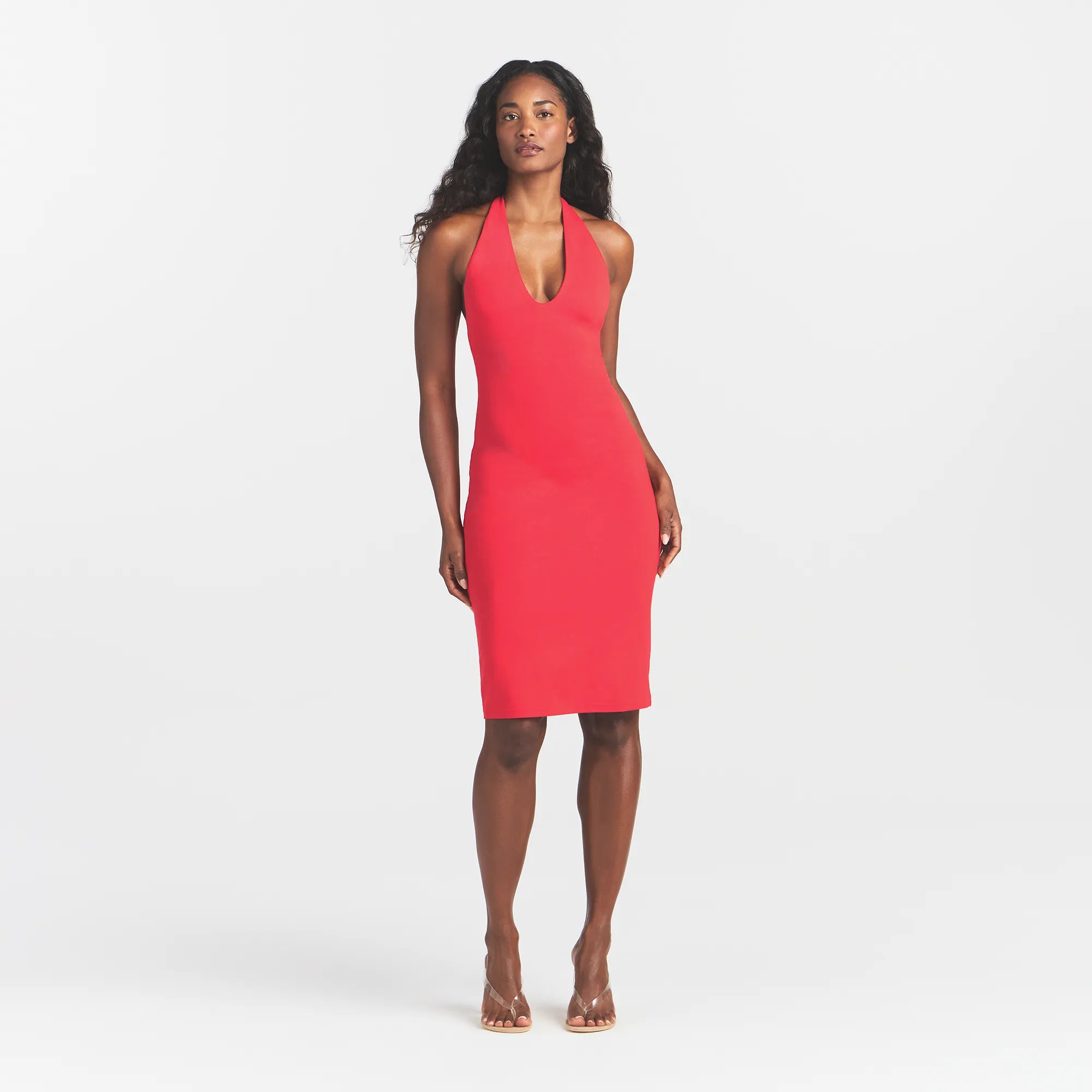 PLUNGE HALTER MIDI DRESS