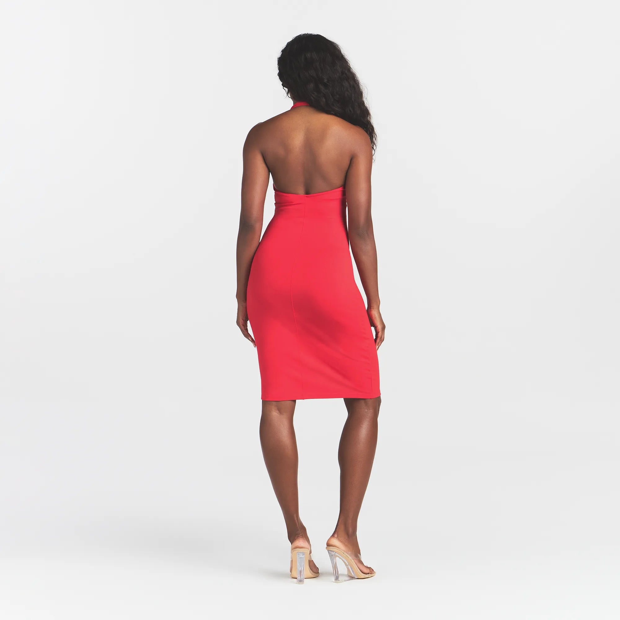 PLUNGE HALTER MIDI DRESS