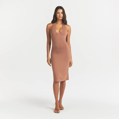 PLUNGE HALTER MIDI DRESS
