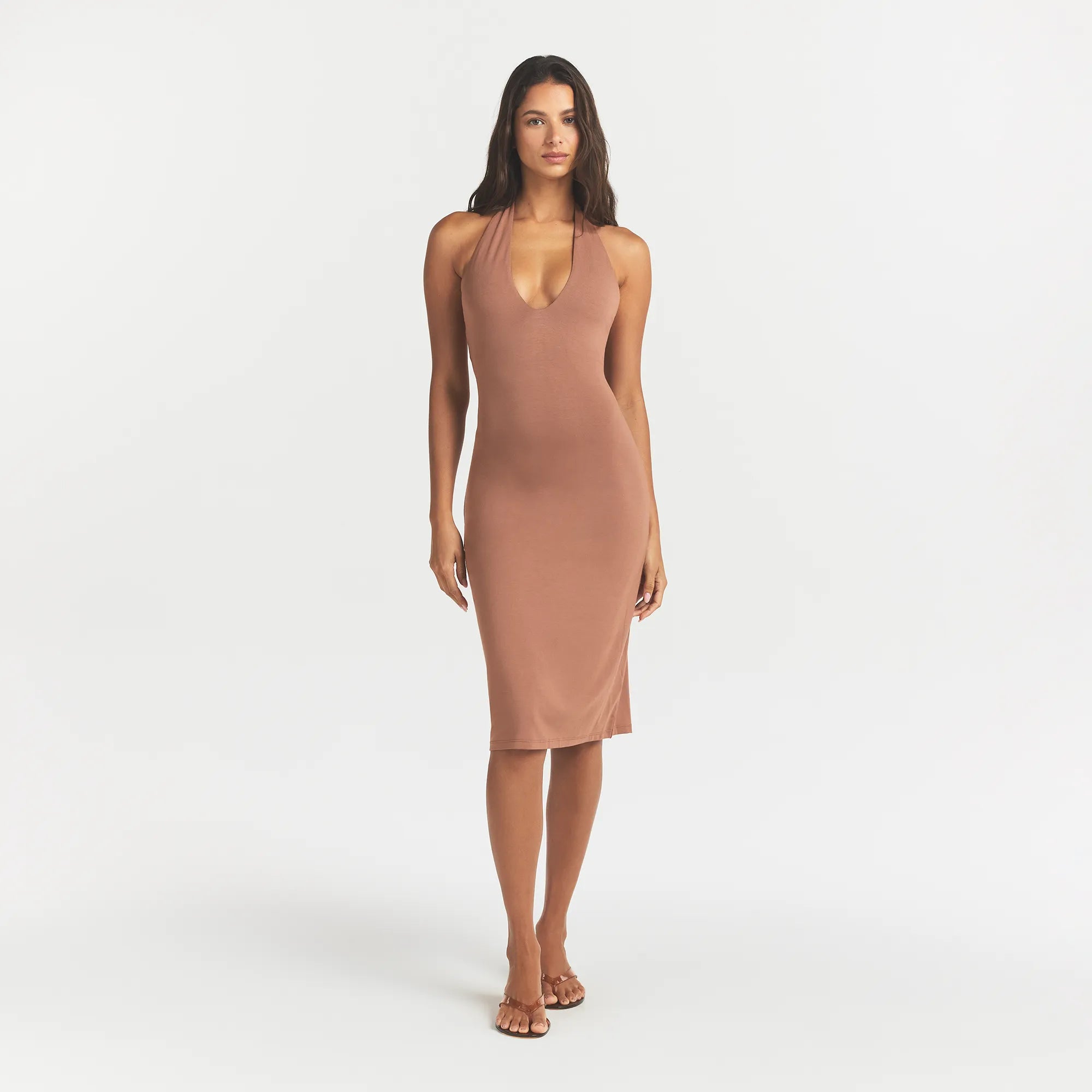 PLUNGE HALTER MIDI DRESS